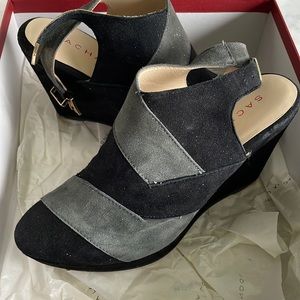 Black/grey suede wedges with ankle strap